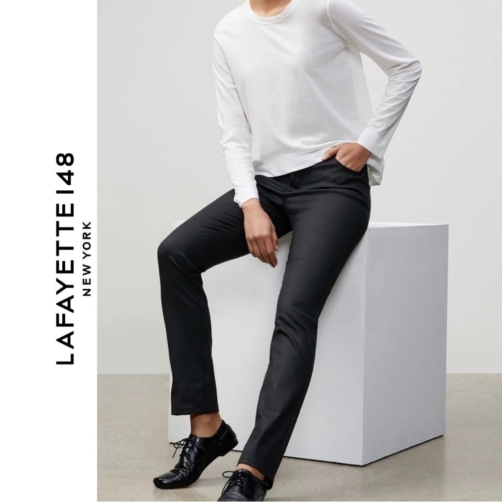 Lafayette 148 Thompson Waxed Denim Black Straight Leg Cotton Blend Jeans 6